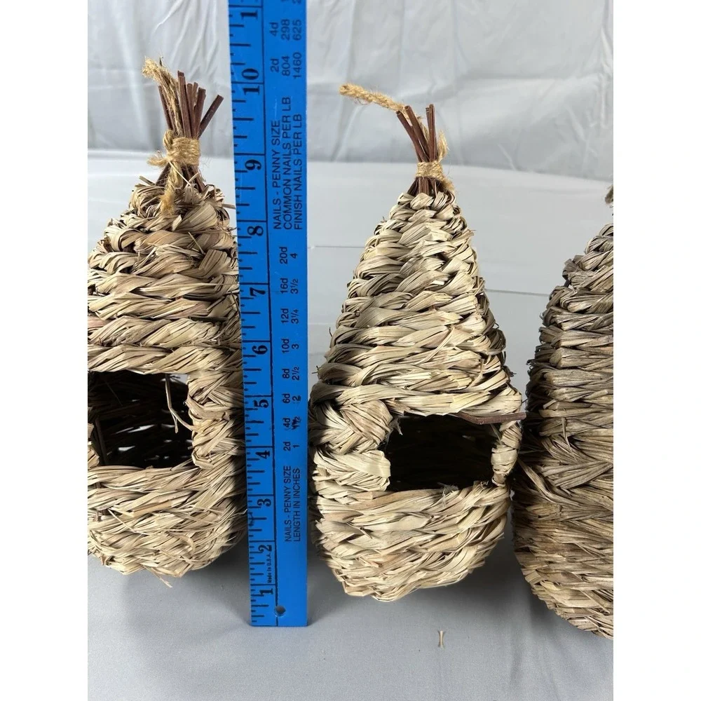 Set of 3 Woven Grass Birdhouses Hanging Natural Rustic Nest Decor Outdoor Garden